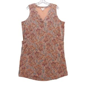 J Jill Petite Peach Paisley Print Sleeveless‎ Knit Dress Pockets Casual